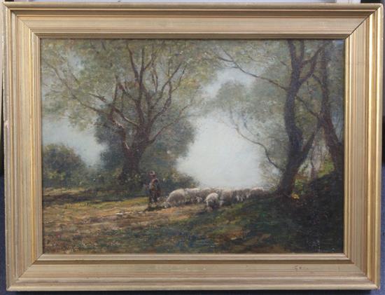 Robert Weir Allen (1852-1942) Shepherd and flock beneath trees, 14.5 x 20.5in.